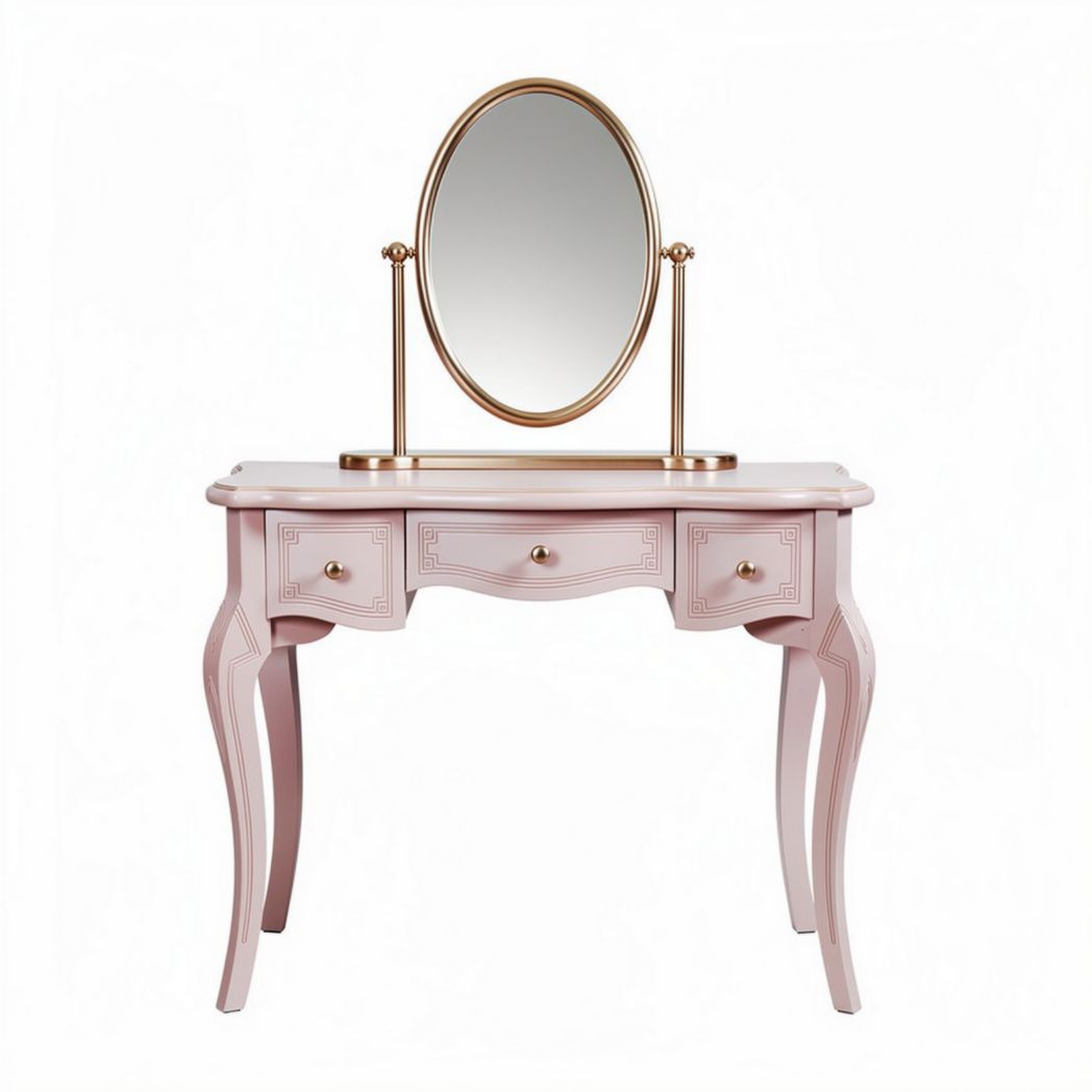 Pink vanity table with round mirror and two storage drawers 80 x 40 x 140cm