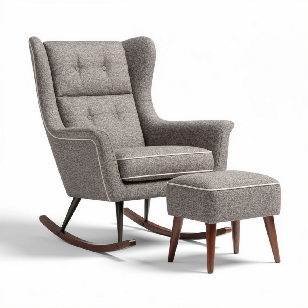 Rocking chair with matching ottoman fabric upholstery and wooden legs 80 x 70 x 100cm