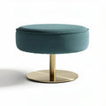 Upholstered ottoman with gold base in teal fabric 70 x 70 x 40cm