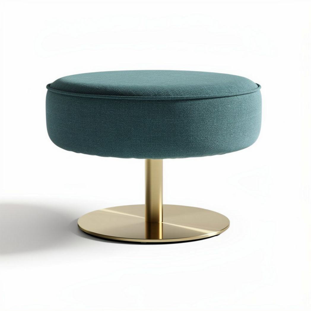 Upholstered ottoman with gold base in teal fabric 70 x 70 x 40cm