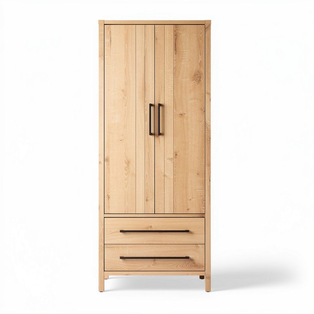 Wooden storage cabinet with double doors and two drawers 30 x 60 x 180cm