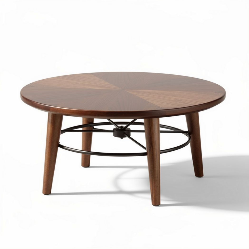 Round wooden coffee table with black metal base 80 x 80 x 40cm