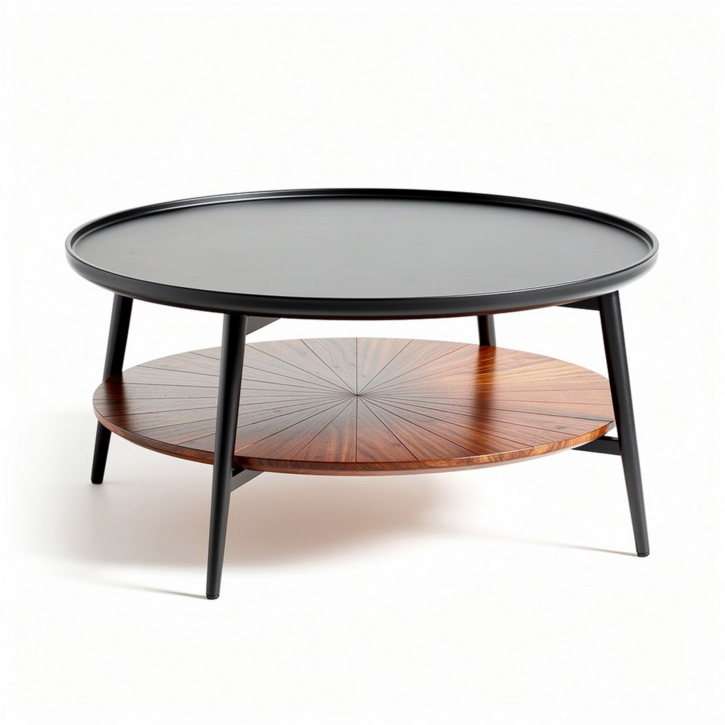 Round coffee table with black metal frame and wooden lower shelf 75 x 75 x 40cm