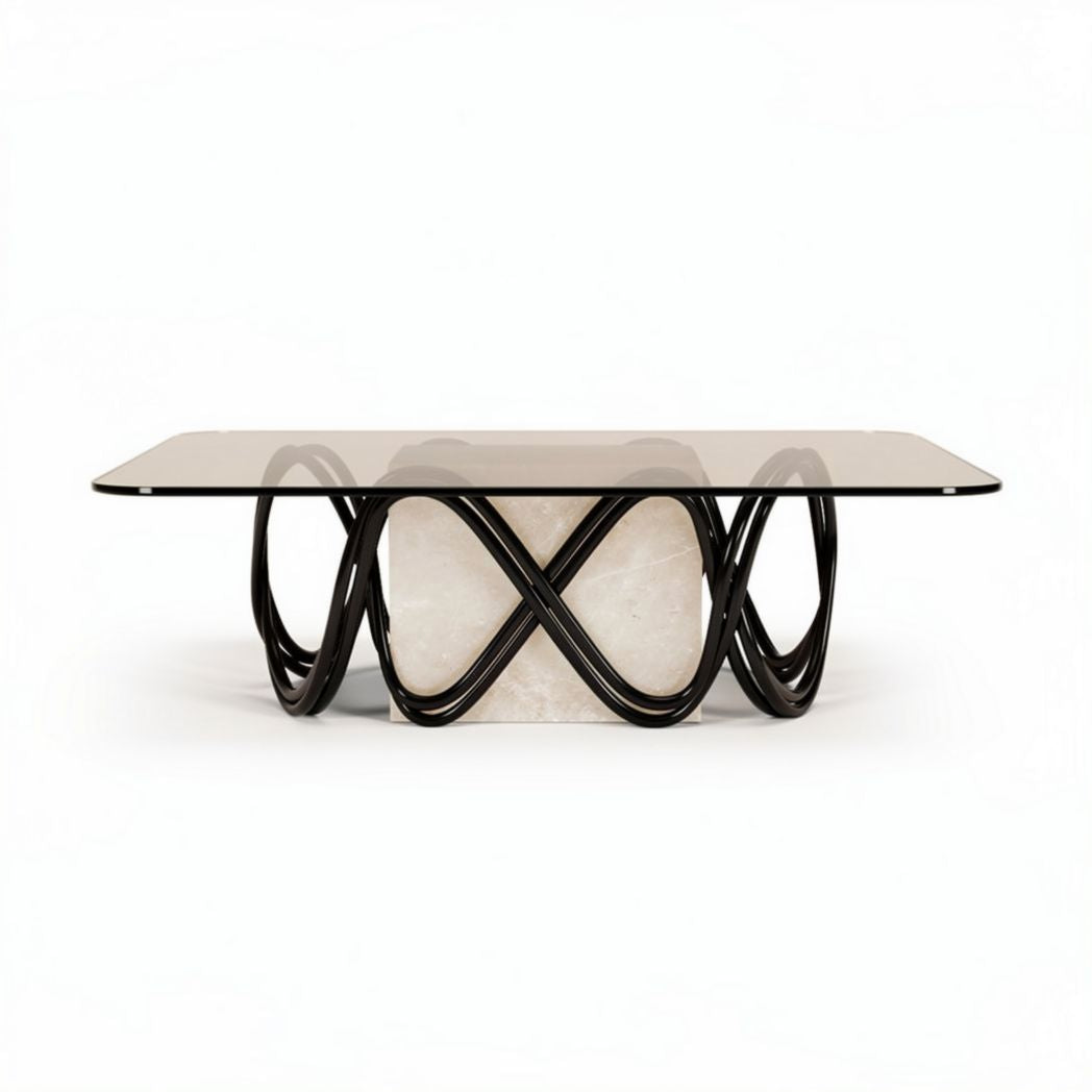 Glass top coffee table with black metal base and marble accent 120 x 70 x 40cm