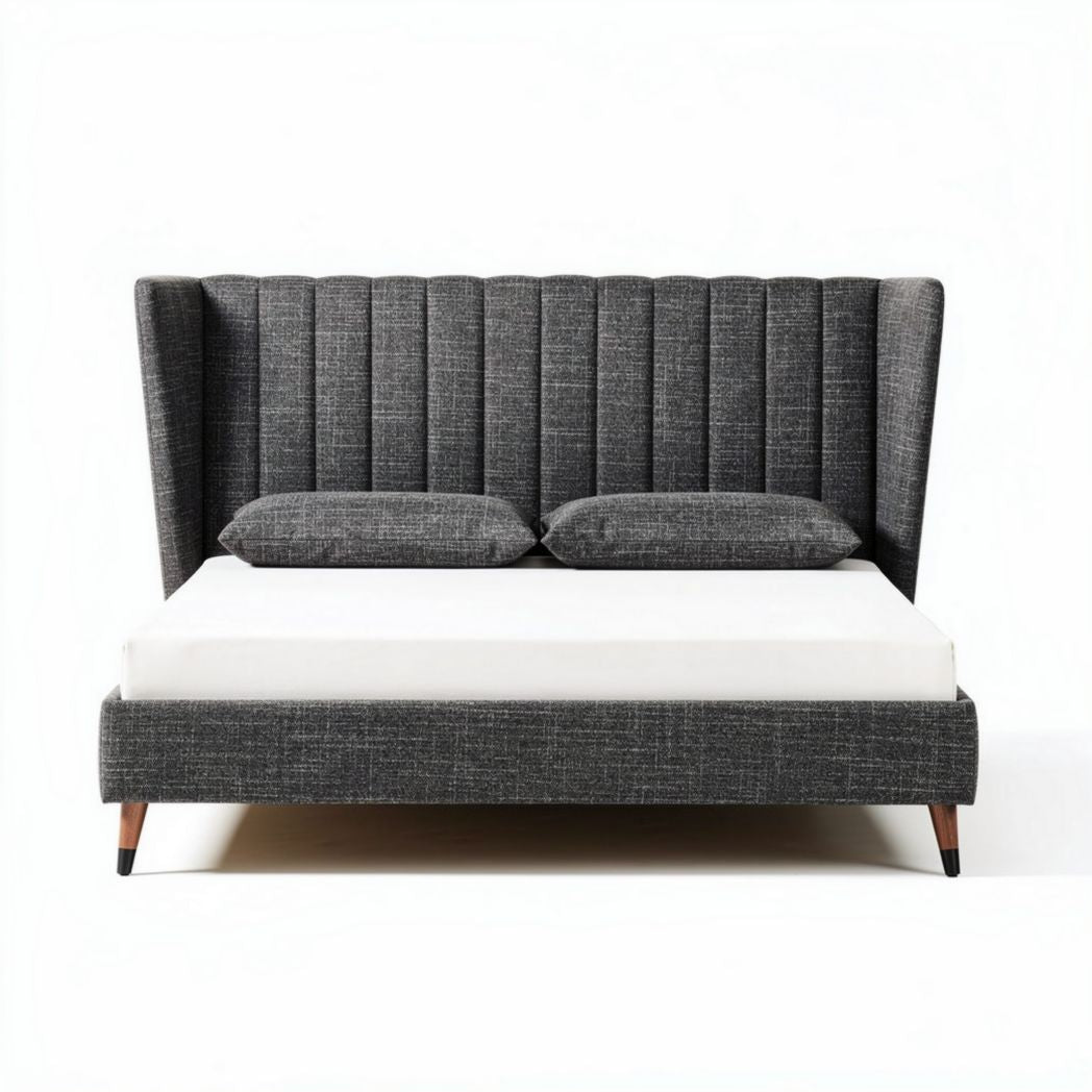 Fabric upholstered bed frame in charcoal gray with dimensions 200 x 160 x 100cm