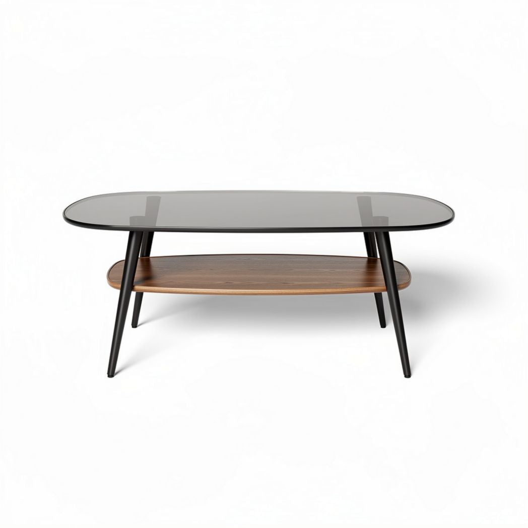 Glass top coffee table with wooden base in black and brown 120 x 60 x 45cm
